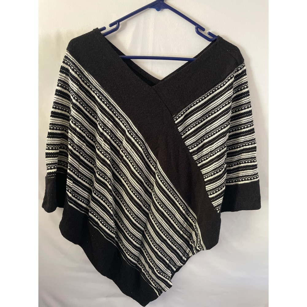 Style & Co Womens Black White Striped V-Neck Knit Poncho Sweater L/XL